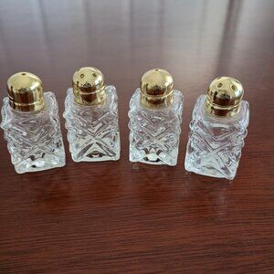 Two sets of Miniature Salt and Pepper Shakers, Clear Glass with Gold Tops